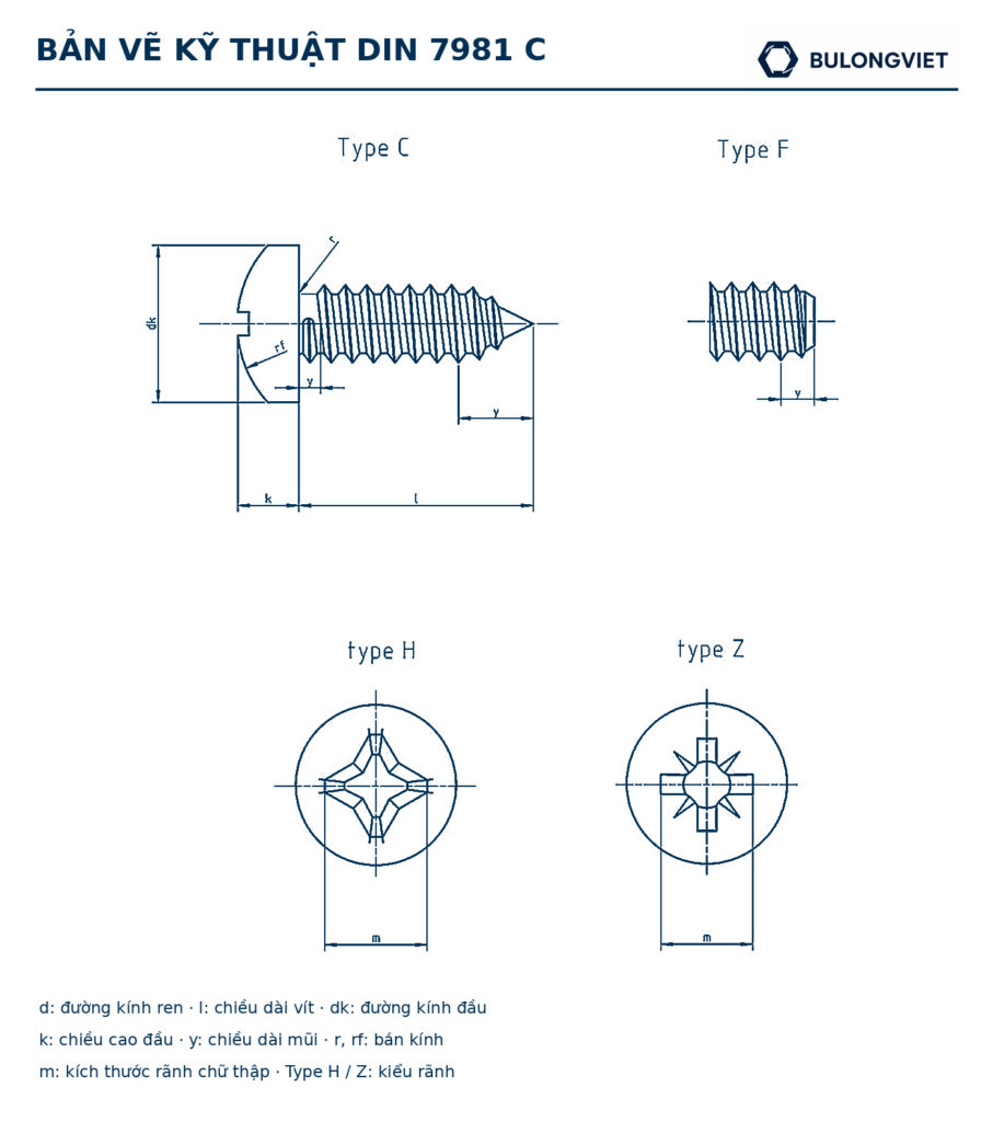 Bản vẽ kỹ thuật Vít gỗ đầu tròn inox – DIN 7981 C