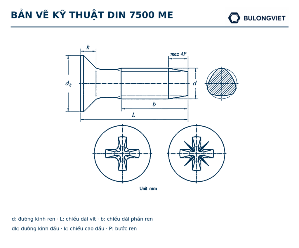 Bản vẽ kỹ thuật Vít tạo ren bake đầu bằng inox