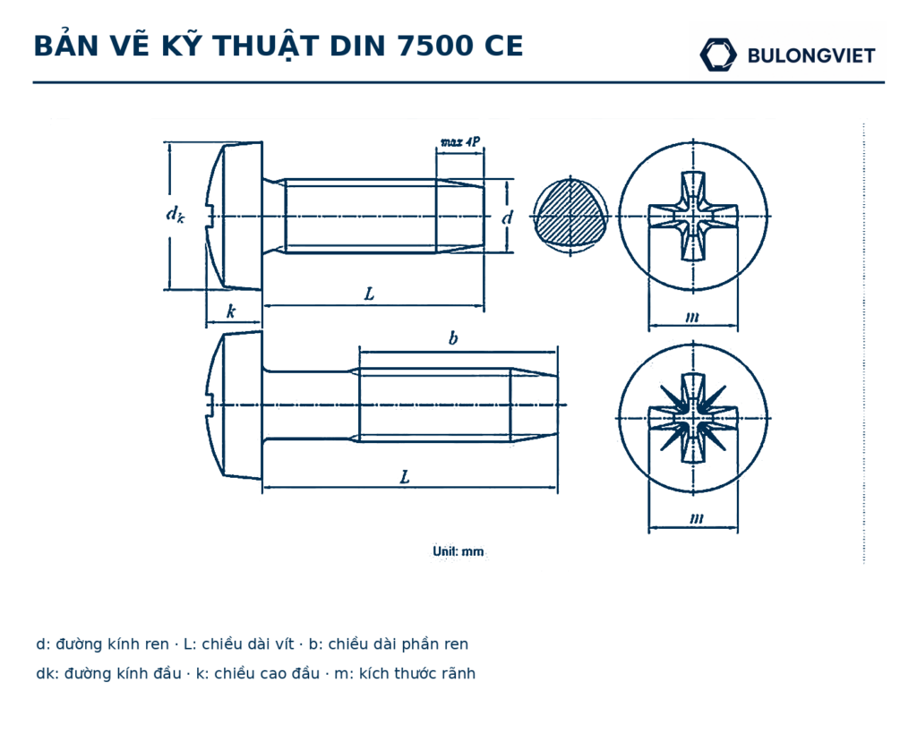 Bản vẽ kỹ thuật Vít tạo ren bake đầu tròn inox