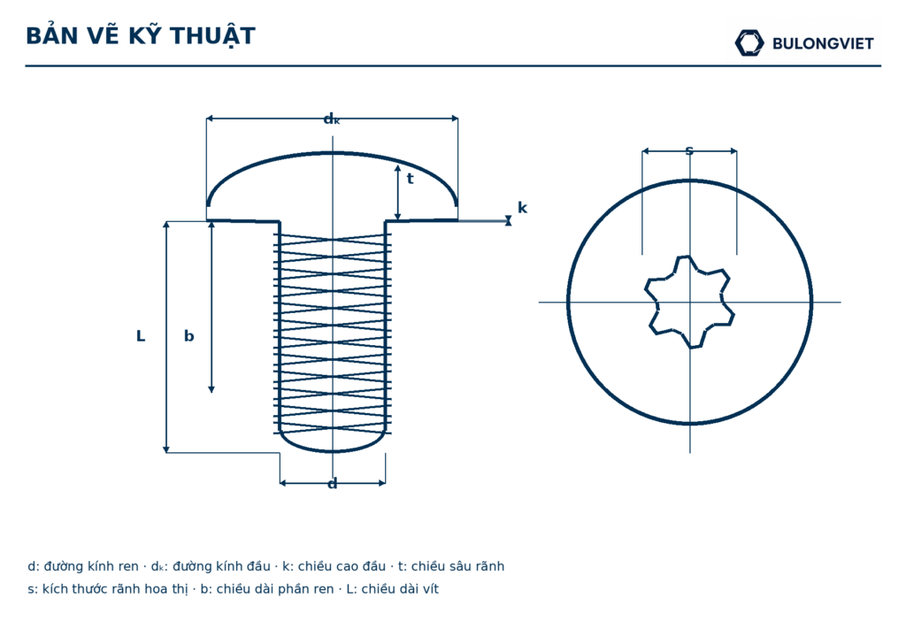 Bản vẽ kỹ thuật Vít tạo ren đầu tròn hoa thị inox
