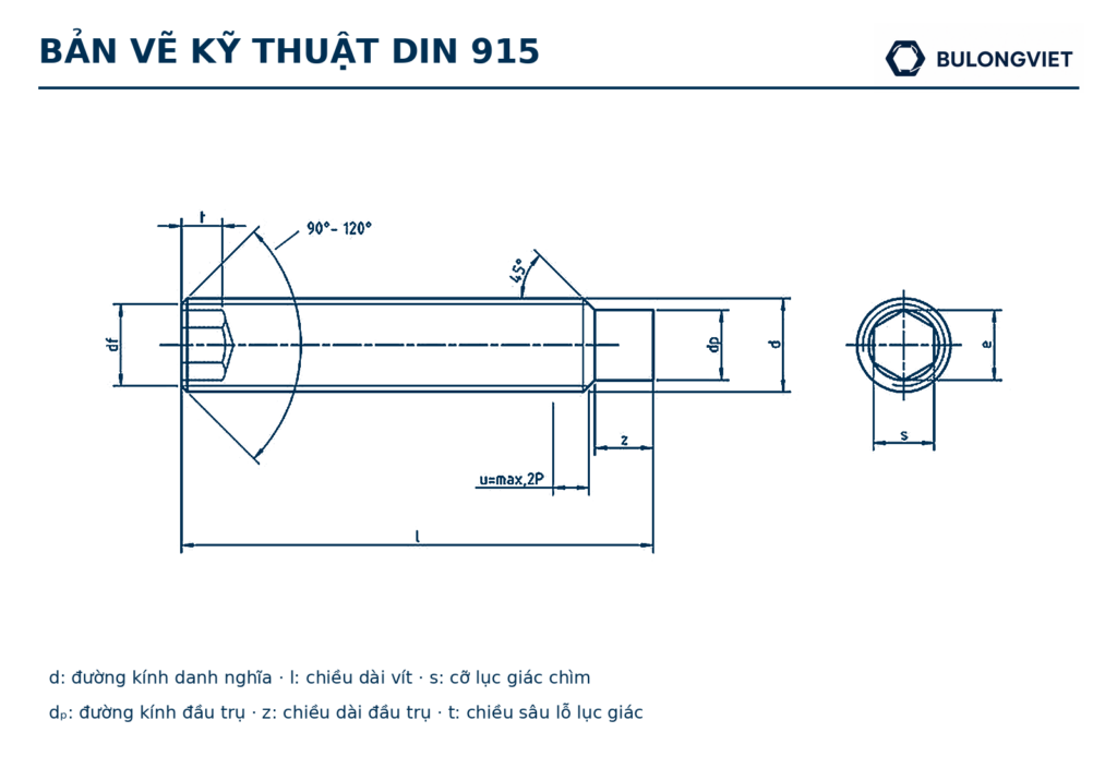 Bản vẽ kỹ thuật Vít trí đầu trụ inox – DIN 915